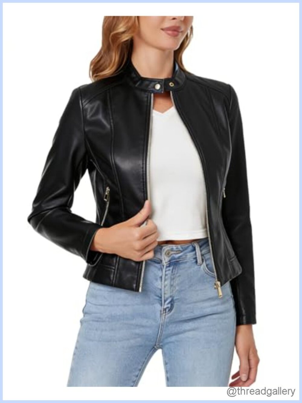 Women's Faux Leather Moto Biker Jacket Cropped Slim Fit with Zippers